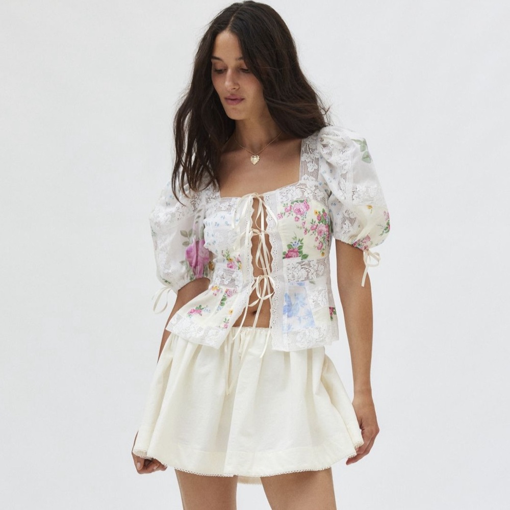 For Love & Lemons - Patchwork Violette Top Floral Lace-Up Puff Sleeve - Picture 6 of 8